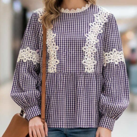 Purple & White Gingham & Lace Baby Doll Blouse Vintage Inspired Boho Style Plaid - Picture 1 of 9
